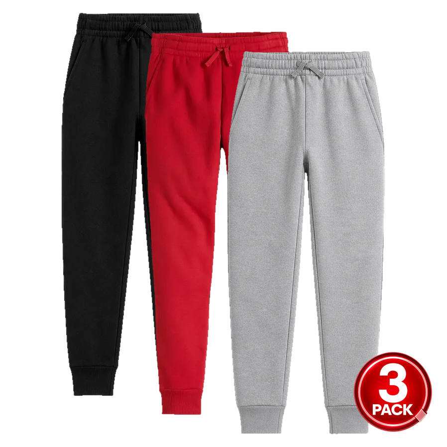 Youth Size 3-Pack Unisex Fleece Jogger Sweatpants in Black / Red / Heather Grey
