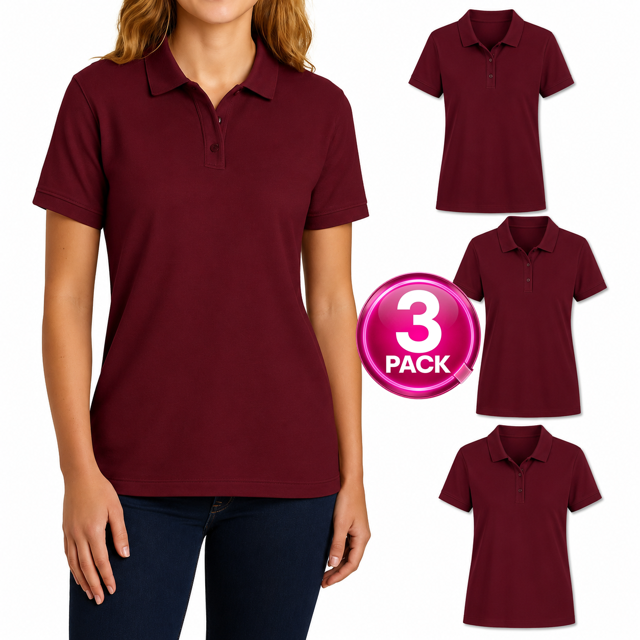 Young Women's 3-Pack Short Sleeve Jersey Knit Polo Shirt in Burgundy