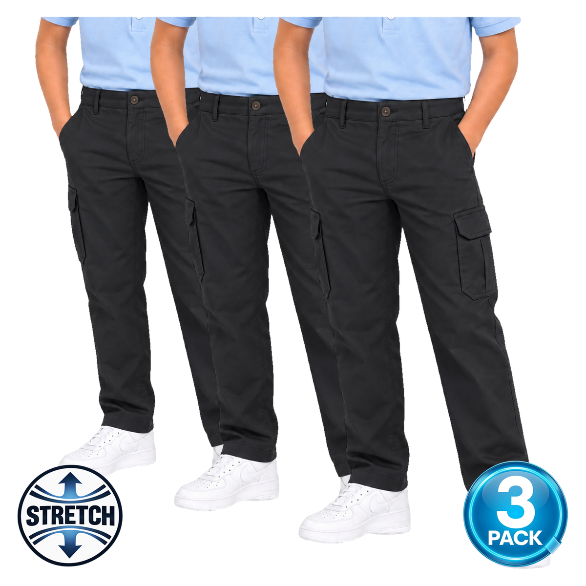 Boys 3 Pack Stretch Cargo Pants in Black