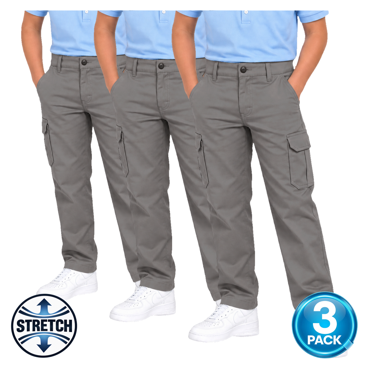 Boys 3 Pack Stretch Cargo Pants in Grey