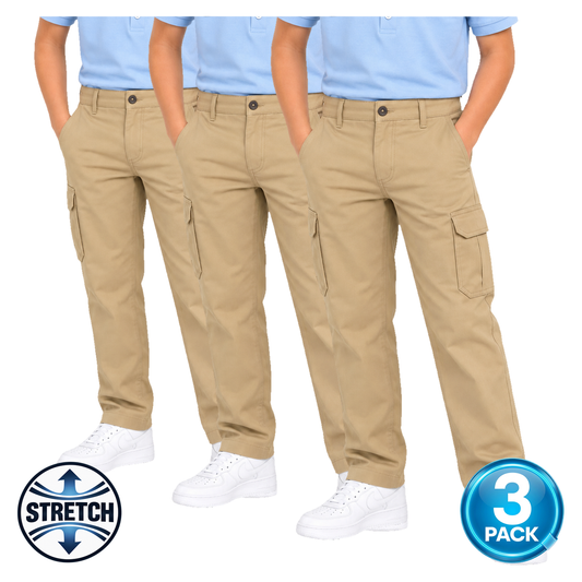 Boys 3 Pack Stretch Cargo Pants in Khaki