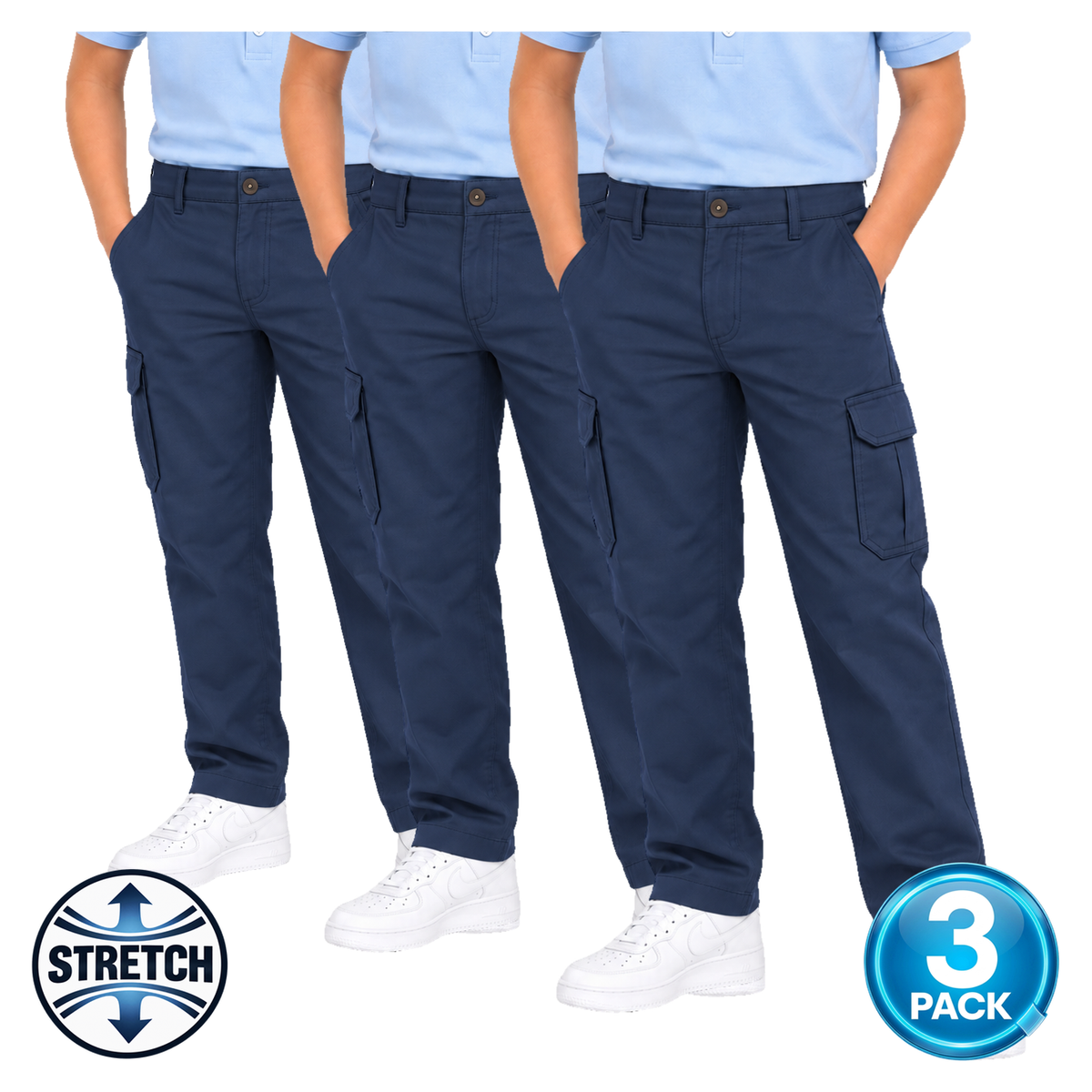 Boys 3 Pack Stretch Cargo Pants in Navy