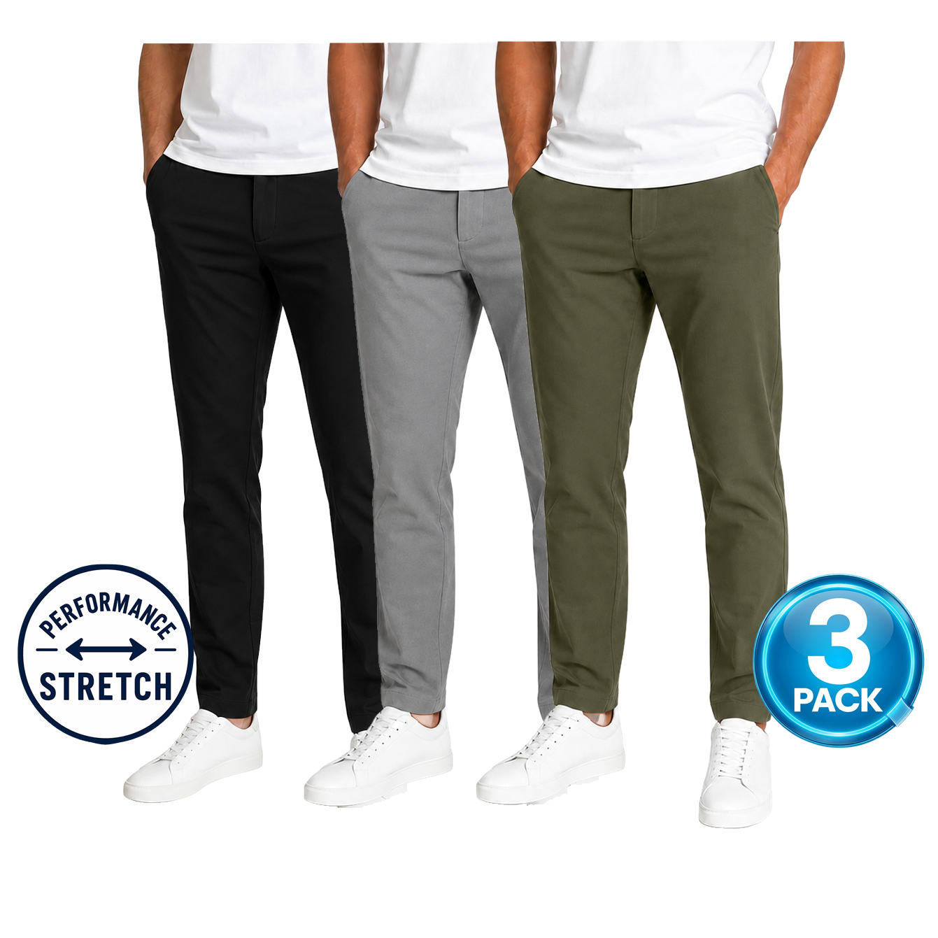 Young Men's 3-Pack Stretch Performance Fit Pants in Black / Grey / Olive