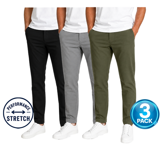 Young Men's 3-Pack Stretch Performance Fit Pants in Black / Grey / Olive
