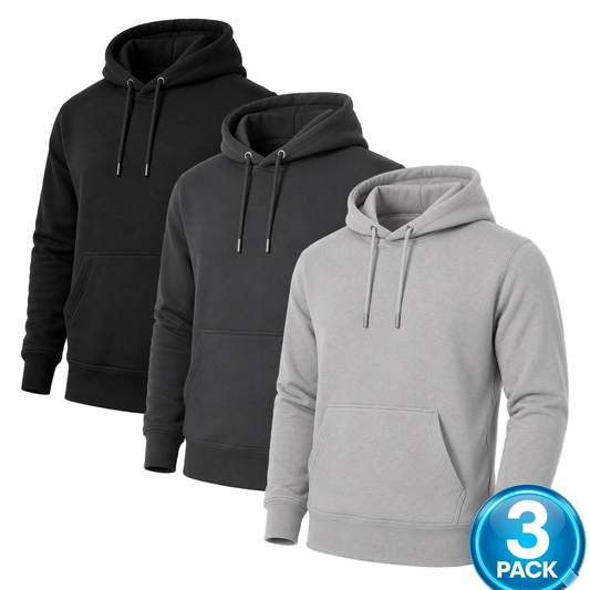 Men's 3-Pack Heavyweight Soft Fleece Pullover Hoodie in Black / Charcoal / Heather Grey