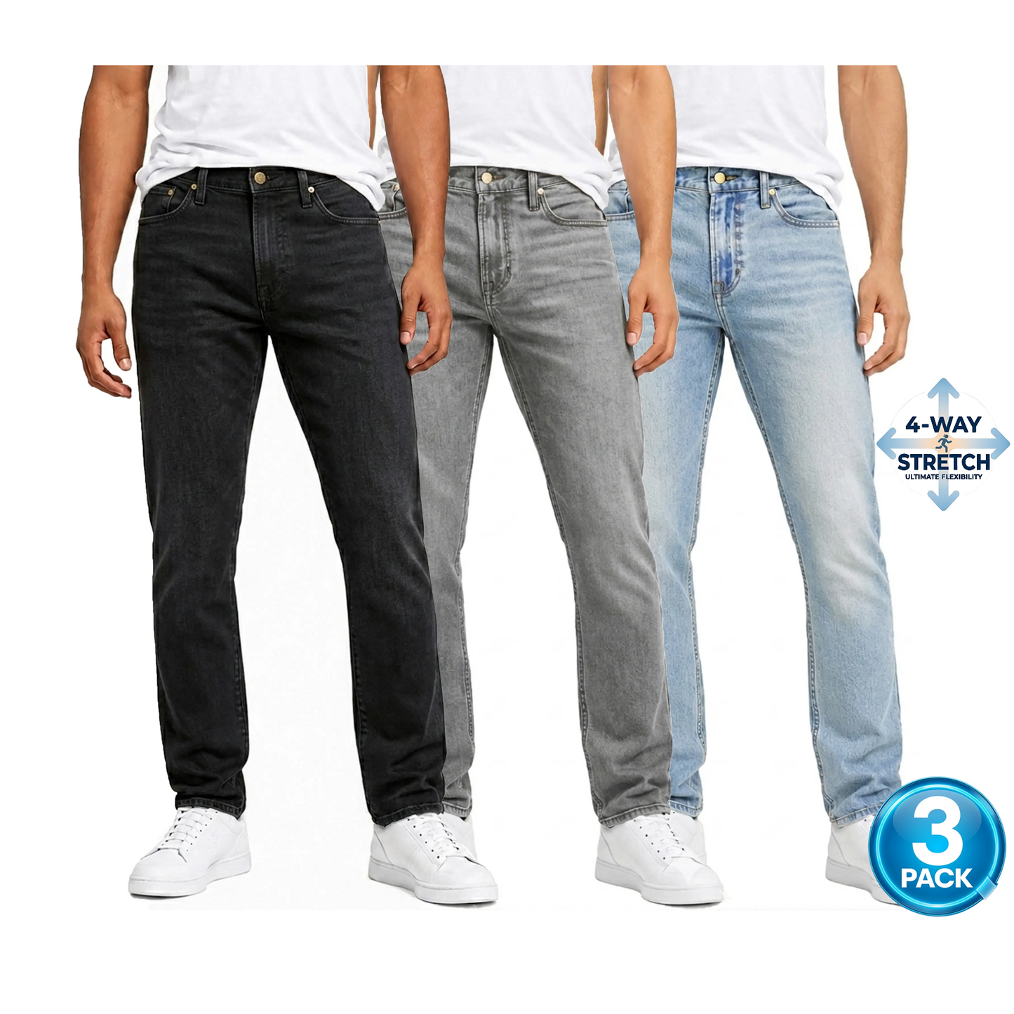 Men's 3-Pack Flex Stretch Slim Straight Jeans - Black / Grey / Light Wash
