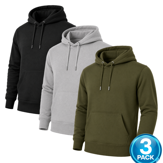 Men's 3-Pack Heavyweight Soft Fleece Pullover Hoodie in Black / Heather Grey / Olive