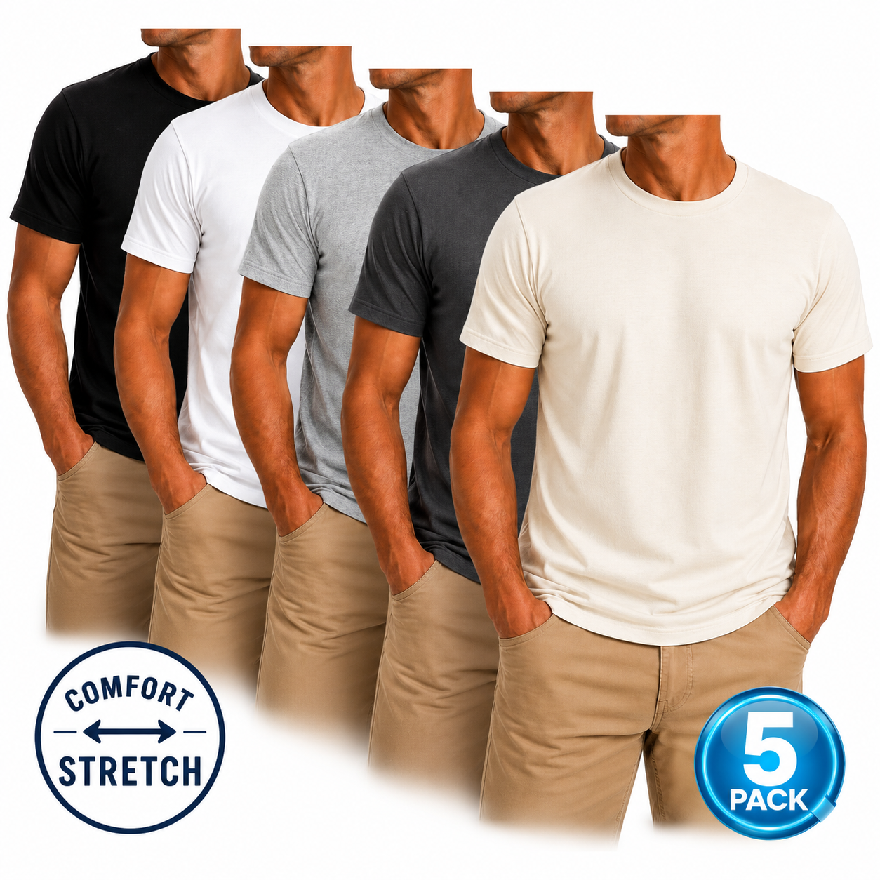 Men's 5-Pack Comfort Stretch Crewneck T-Shirts - Black / White / Grey / Charcoal / Natural