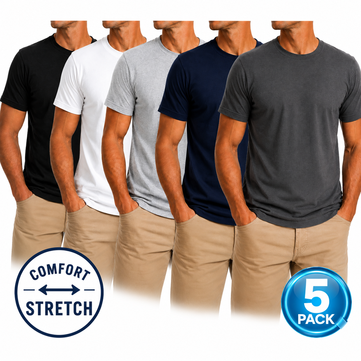 Men's 5-Pack Comfort Stretch Crewneck T-Shirts - Black / White / Grey / Navy / Charcoal