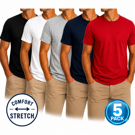Men's 5-Pack Comfort Stretch Crewneck T-Shirts - Black / White / Grey / Navy / Red
