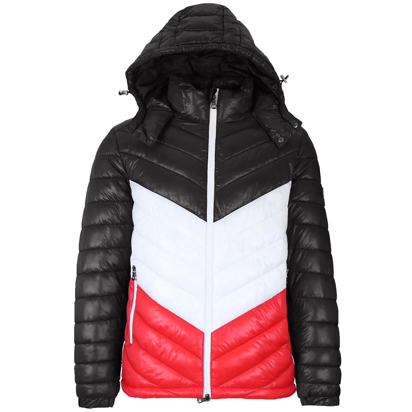Men's 3 Color Hooded Bubble Jacket in Black / White / Red