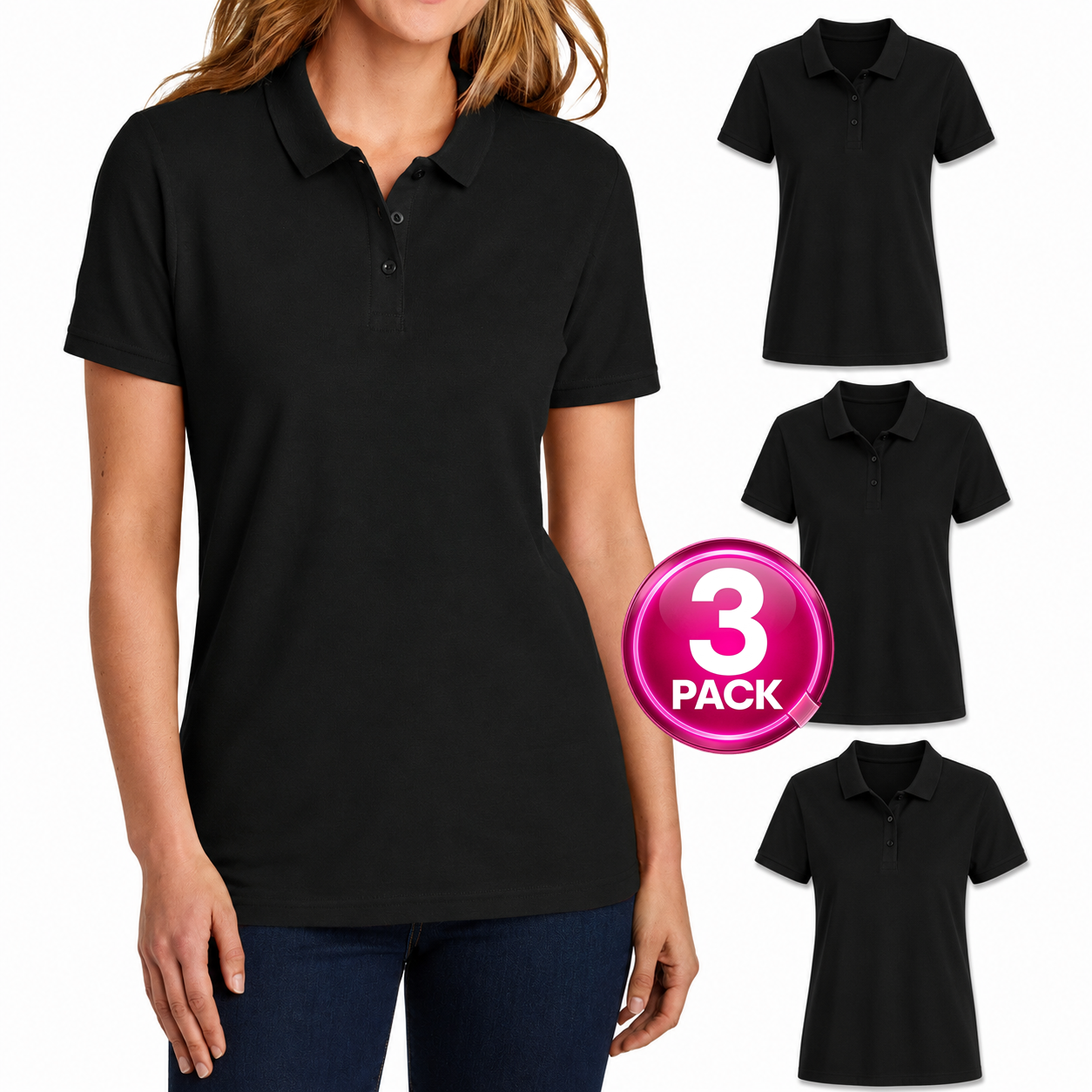 Young Women's 3-Pack Short Sleeve Jersey Knit Polo Shirt in Black