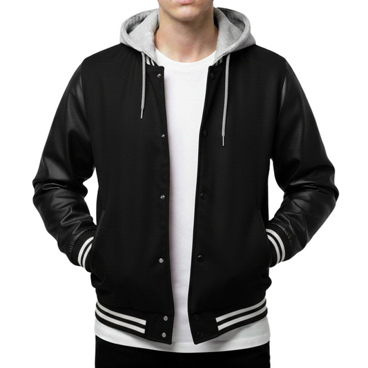 Black varsity jacket with gray hood and white accents on a white background