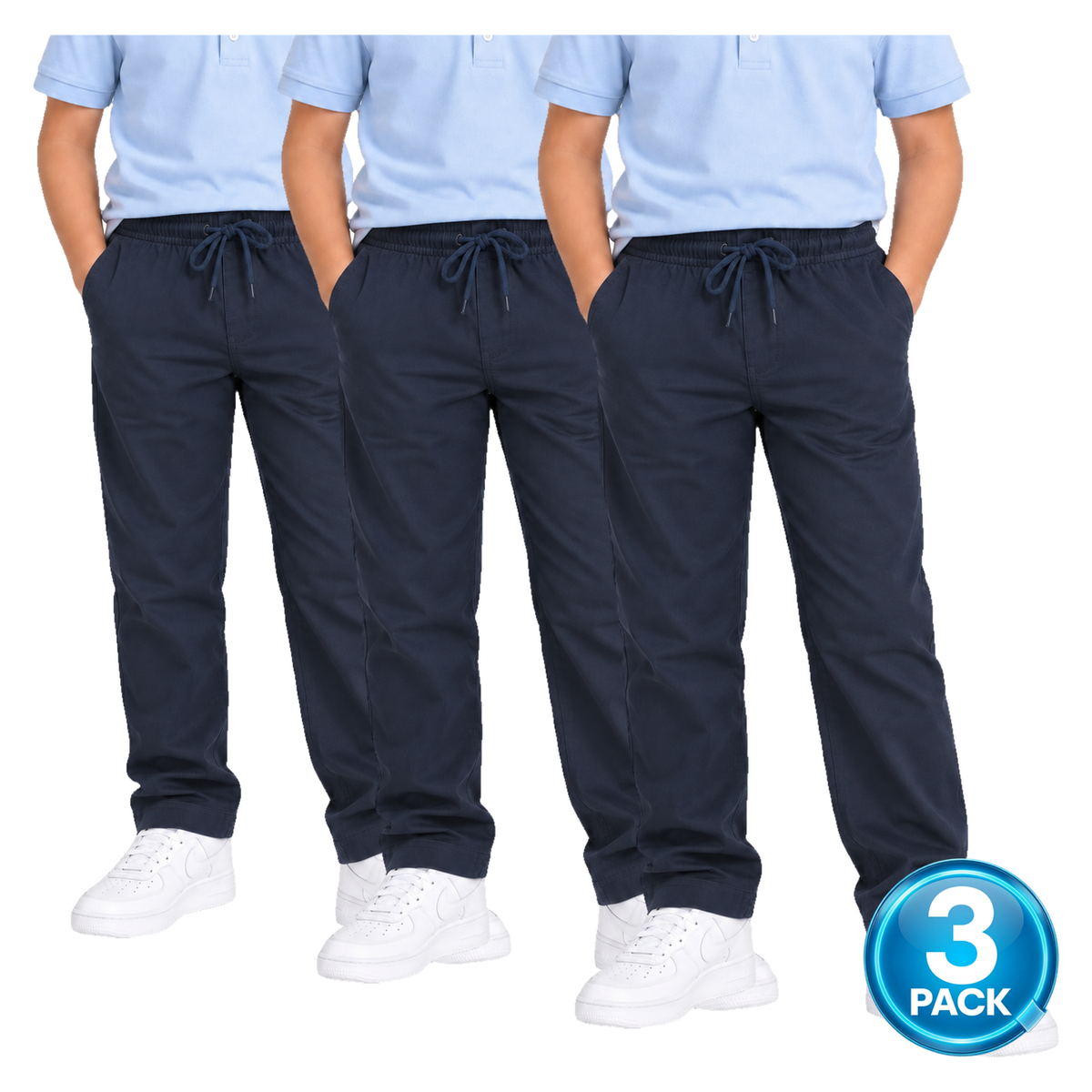 Boys 3 Pack Stretch Elastic Waist Pull-On School Pants in Navy