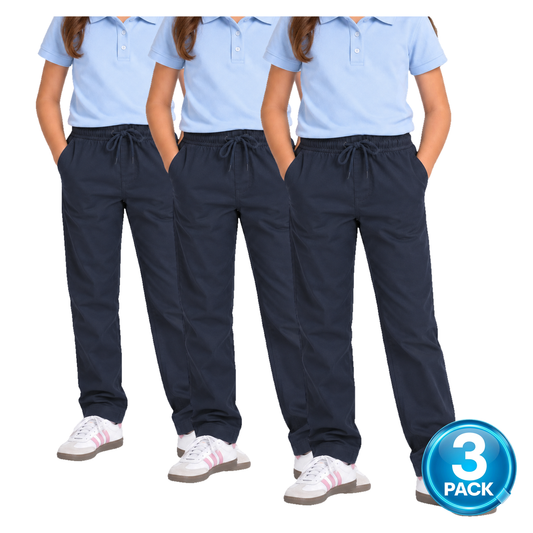 Girls 3 Pack Stretch Elastic Waist Pull-On School Pants in Navy