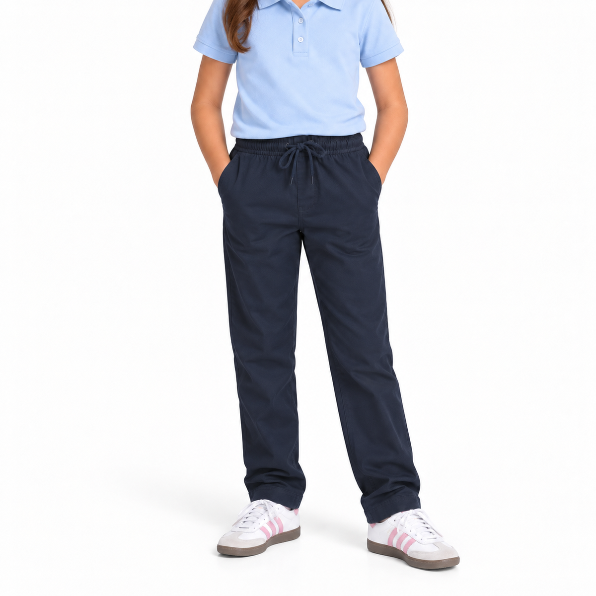 Girls Stretch Elastic Waist Pull-On School Pants in Navy