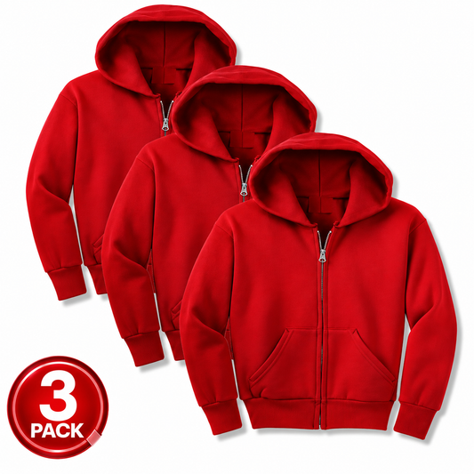 Youth Unisex 3-Pack Fleece Zip Up Hoodie in Red