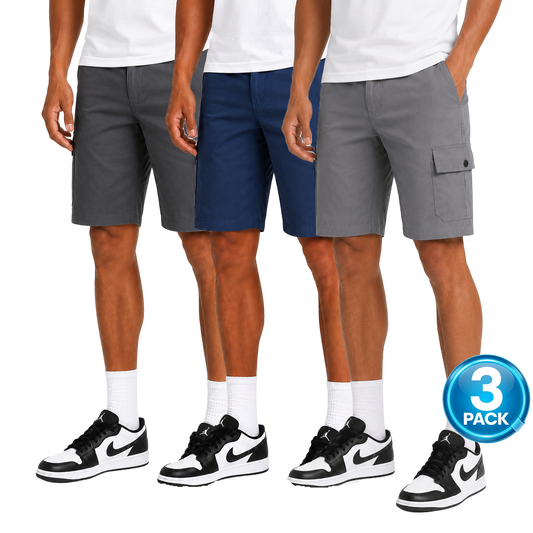Men's 3-Pack Stretch Flex Cargo Shorts in Charcoal / Blue / Light Grey