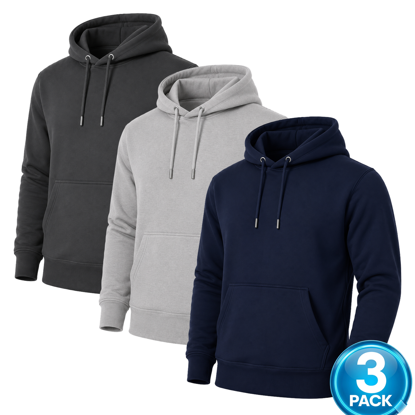 Men's 3-Pack Soft Fleece Pullover Hoodie in Charcoal / Heather Grey / Navy