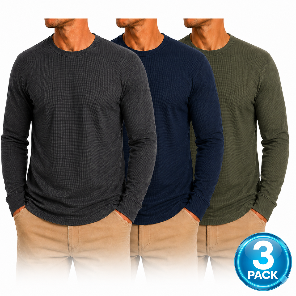 Men's 3-Pack Waffle-Knit Long Sleeve Thermal Shirt in Charcoal / Navy / Olive