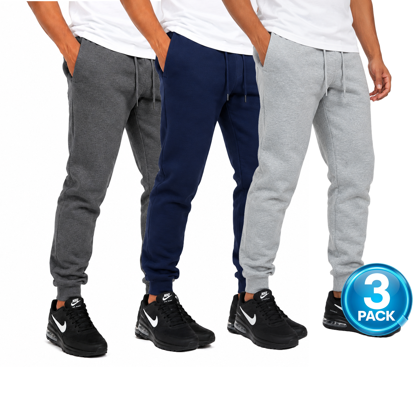 Men's 3-Pack Fleece Jogger Sweatpants in Charcoal / Navy / Heather Grey