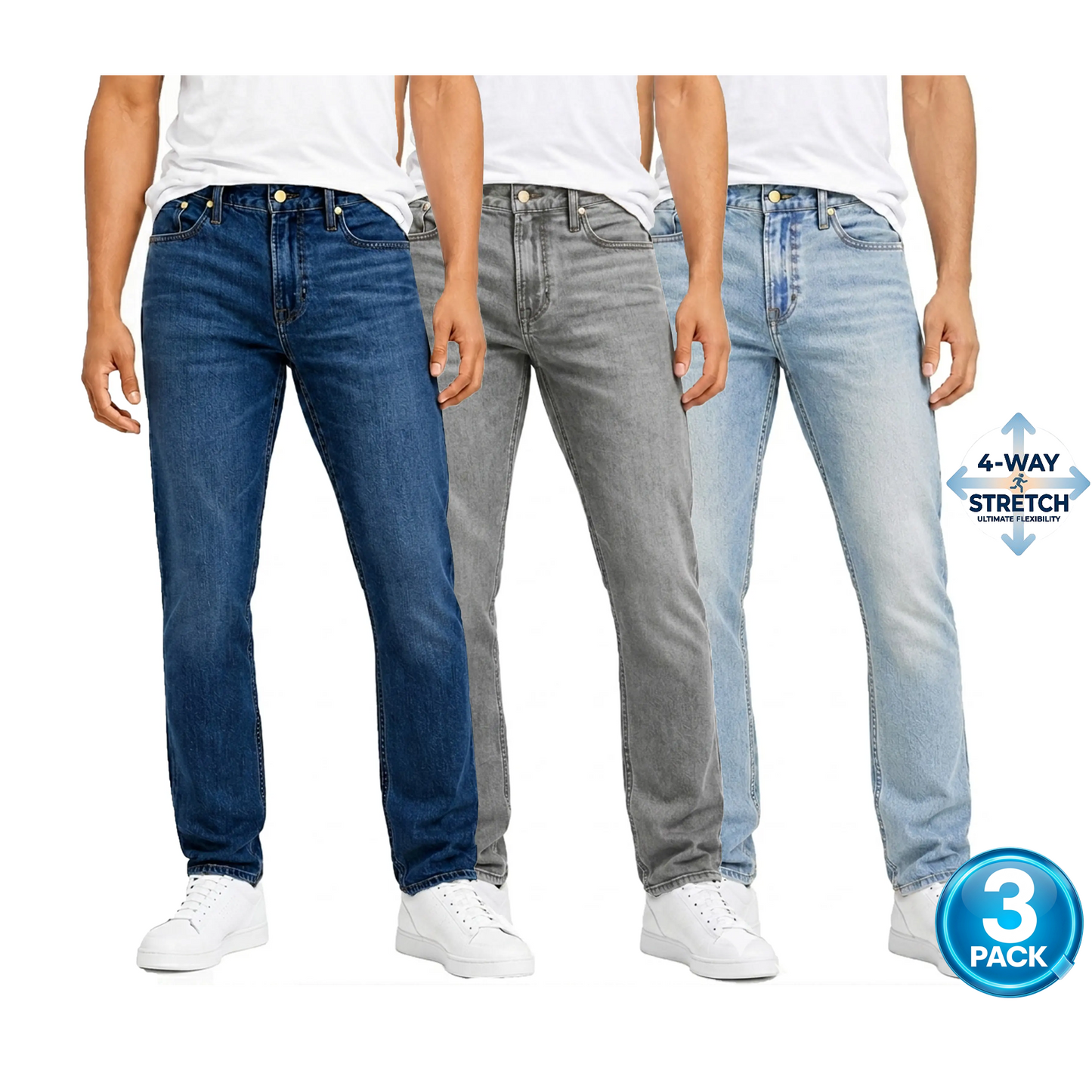 Men's 3-Pack Flex Stretch Slim Straight Jeans - Dark Blue / Grey / Light Wash