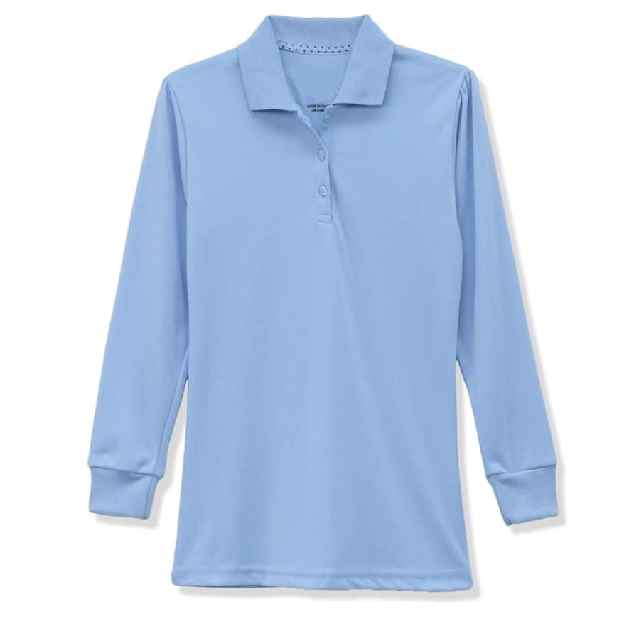 Wholesale Girls Long Sleeve Knit Polo with Picot Collar in Light Blue