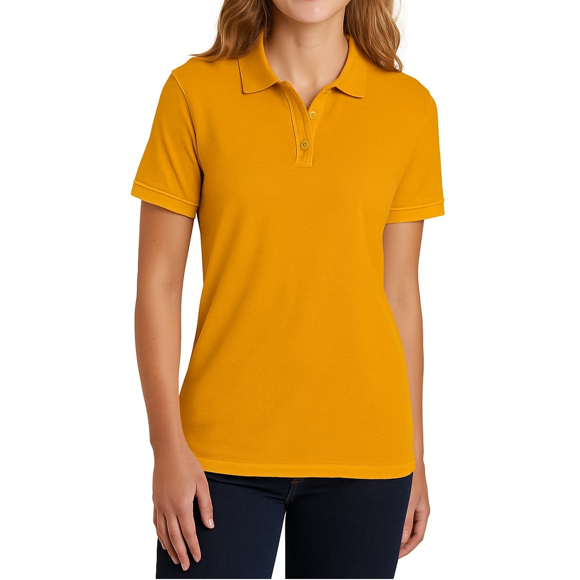 Young Women's Short Sleeve Jersey Knit School Polo Shirt in Gold