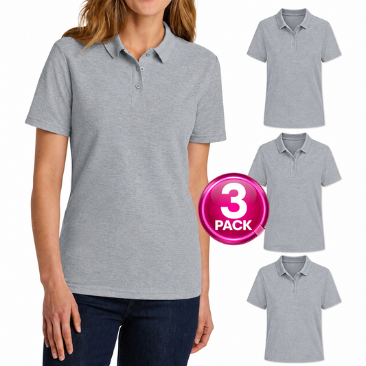 Young Women's 3-Pack Short Sleeve Jersey Knit Polo Shirt in Grey