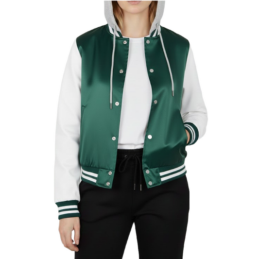 Green and white hooded varsity jacket worn by a woman on a white background