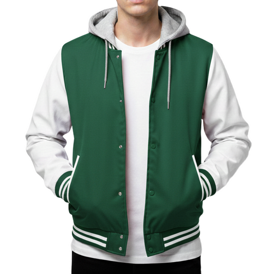 Green and white varsity jacket with a hood on a white background