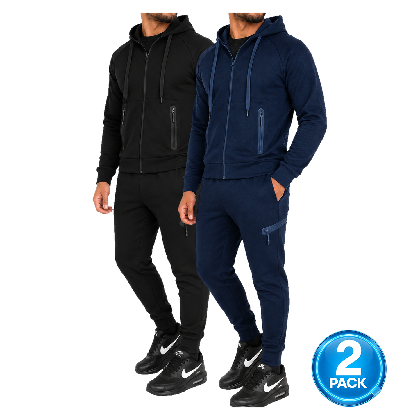 Men's 2 Pack Tech Fleece Zip-Up Hoodie & Jogger 2-Piece Set in Black & Navy