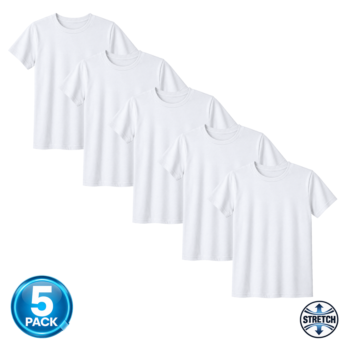 Kid's 5-Pack Short Sleeve Crew Neck Soft Stretch T-Shirt in White
