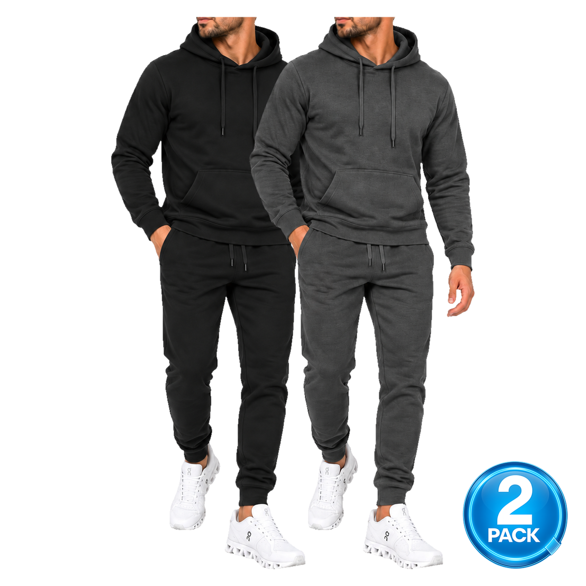 Men's 2-Pack Medium-Weight Soft Fleece Pullover Hoodie & Jogger Set in Black & Charcoal