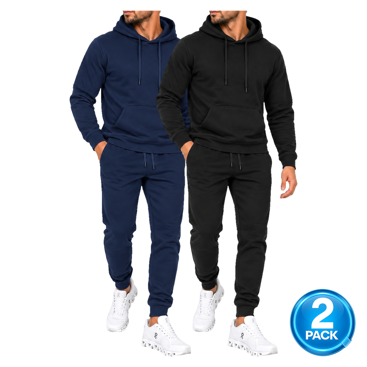Men's 2-Pack Medium-Weight Soft Fleece Pullover Hoodie & Jogger Set in Navy & Black