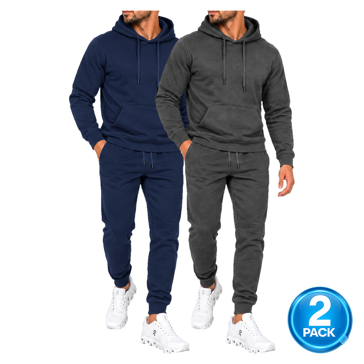 Men's 2-Pack Medium-Weight Soft Fleece Pullover Hoodie & Jogger Set in Navy & Charcoal