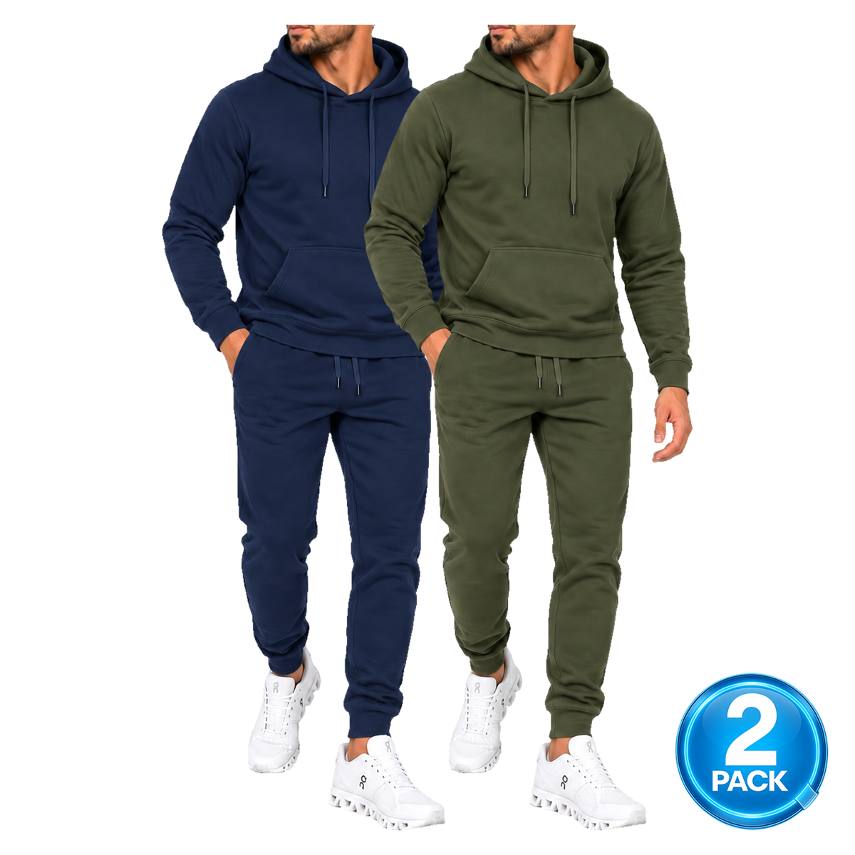 Men's 2-Pack Medium-Weight Soft Fleece Pullover Hoodie & Jogger Set in Navy & Olive