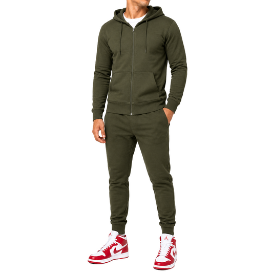 Men's French Lightweight Terry Zip-Up Hoodie & Jogger Set in Olive