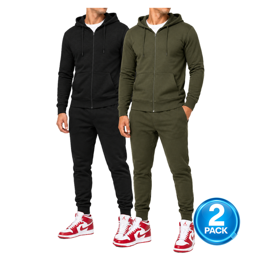 Men's 2-Pack Lightweight French Terry Zip-Up Hoodie & Jogger Set in Black / Olive