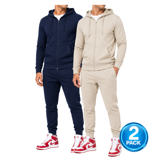 Men's 2-Pack Lightweight French Terry Zip-Up Hoodie & Jogger Set in Navy / Khaki
