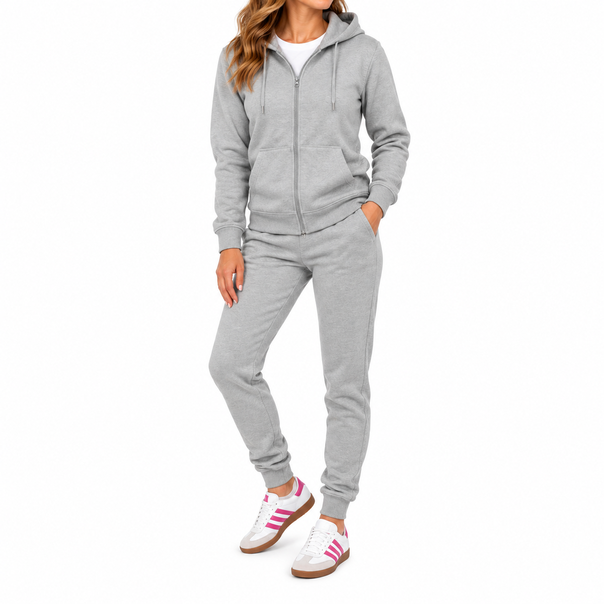 Women's French Lightweight Terry Zip-Up Hoodie & Jogger Set in Heather Grey