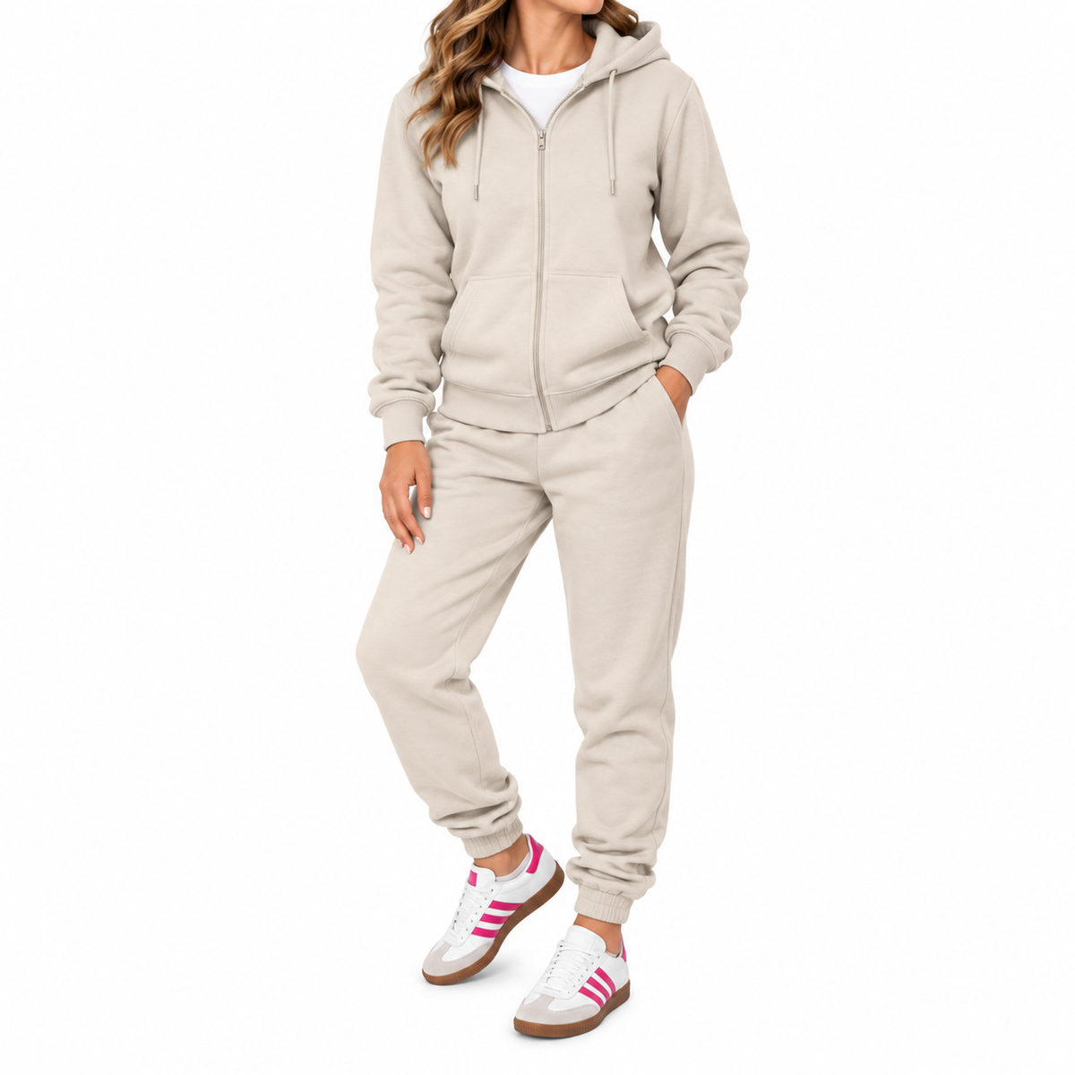 Women's French Lightweight Terry Zip-Up Hoodie & Jogger Set in Khaki