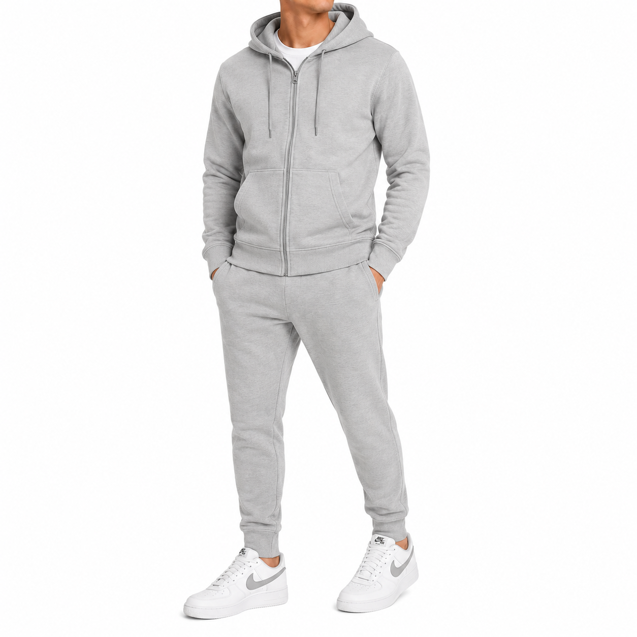 Men's Fleece-Lined Zip-Up Hoodie & Jogger 2-Piece Set in Heather Grey