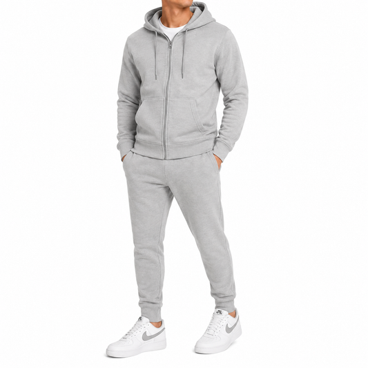 Men's Heavyweight Fleece-Lined Zip-Up Hoodie & Jogger 2-Piece Set in Heather Grey