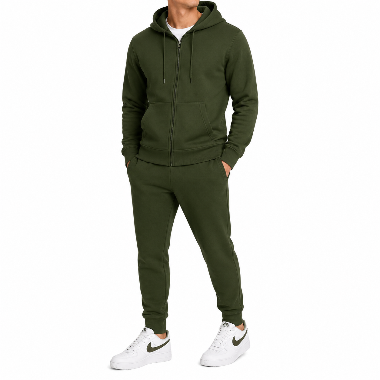 Men's Fleece-Lined Zip-Up Hoodie & Jogger 2-Piece Set in Olive