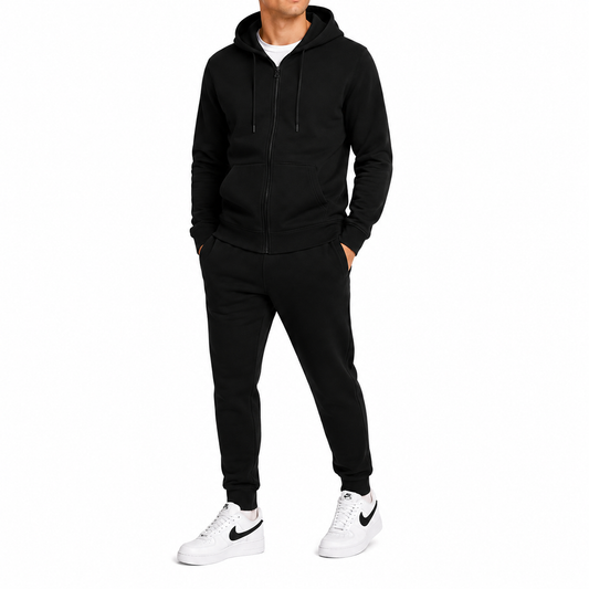 Men's Heavyweight Fleece-Lined Zip-Up Hoodie & Jogger 2-Piece Set in Black