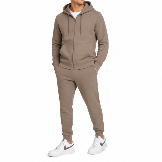 Men's Heavyweight Fleece-Lined Zip-Up Hoodie & Jogger 2-Piece Set in Brown