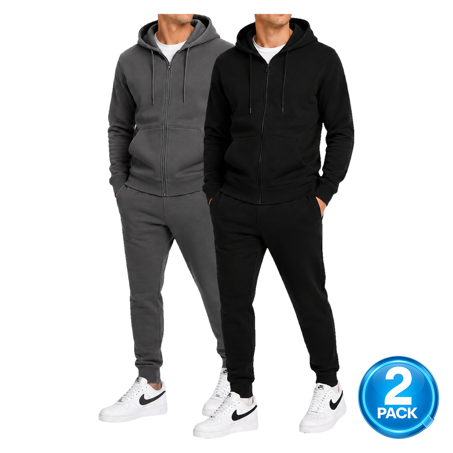 Men's 2 Pack Heavyweight Fleece Zip-Up Hoodie & Jogger 2-Piece Set in Charcoal / Black