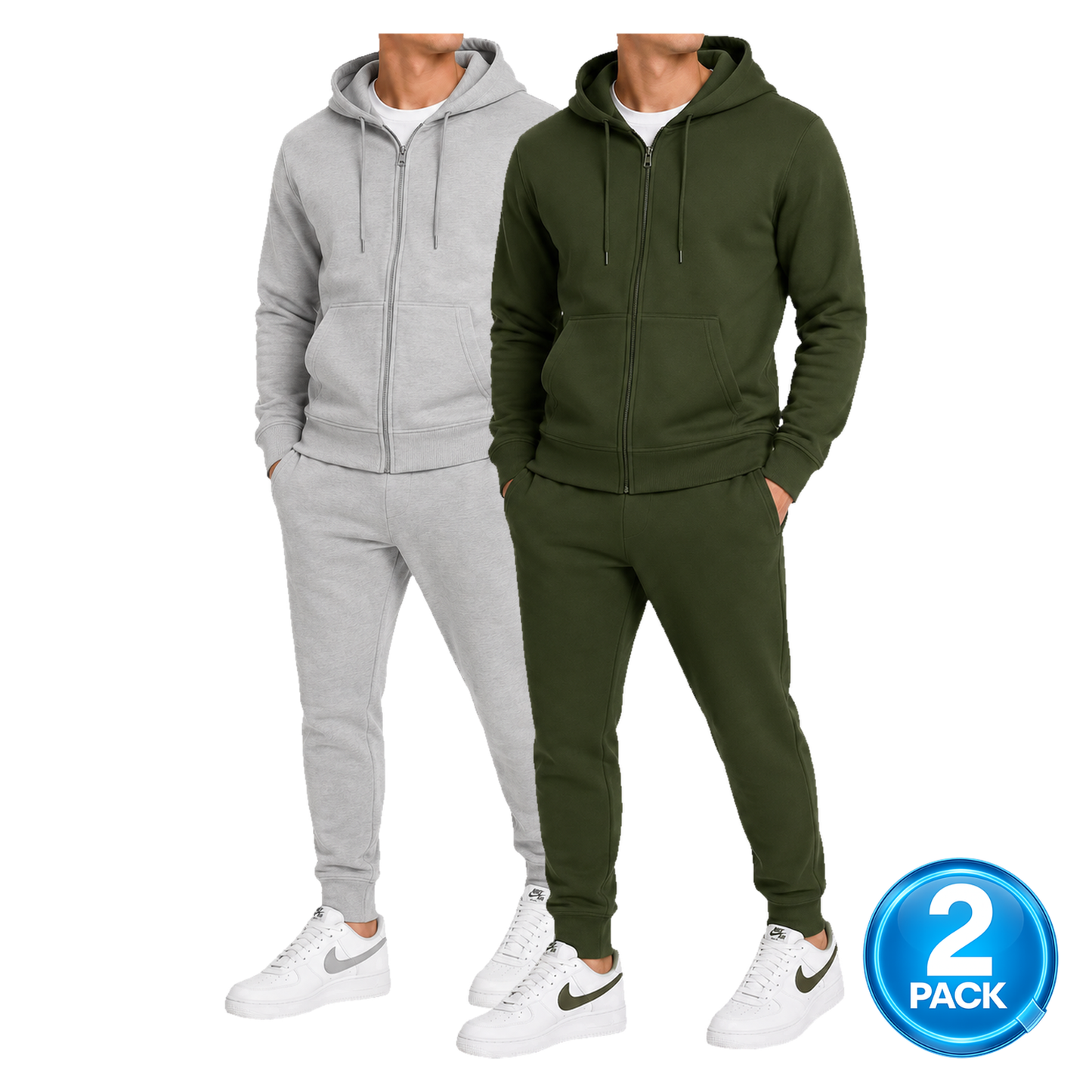 Men's 2 Pack Heavyweight Fleece Zip-Up Hoodie & Jogger 2-Piece Set in Grey / Olive