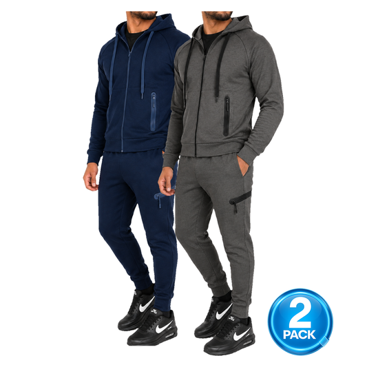 Men's 2 Pack Tech Fleece Zip-Up Hoodie & Jogger 2-Piece Set in Navy & Charcoal